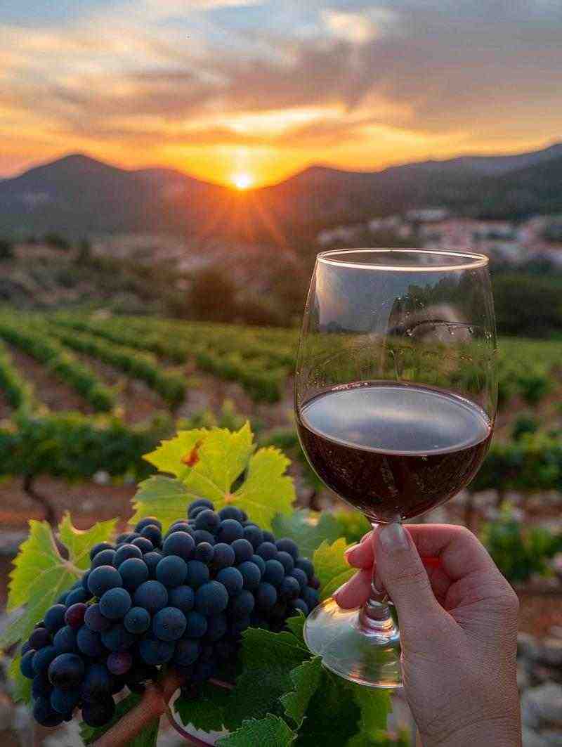 Wine glass overlooking a vineyard at sunset